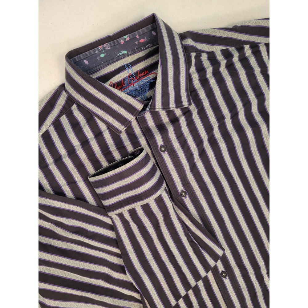 Robert Graham Mens Purple Grey Striped Long Sleeve Button Down Shirt XL Casual
